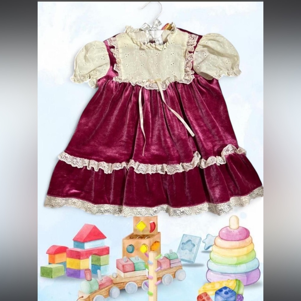 Velvet Burgundy Dress with Lace Trim